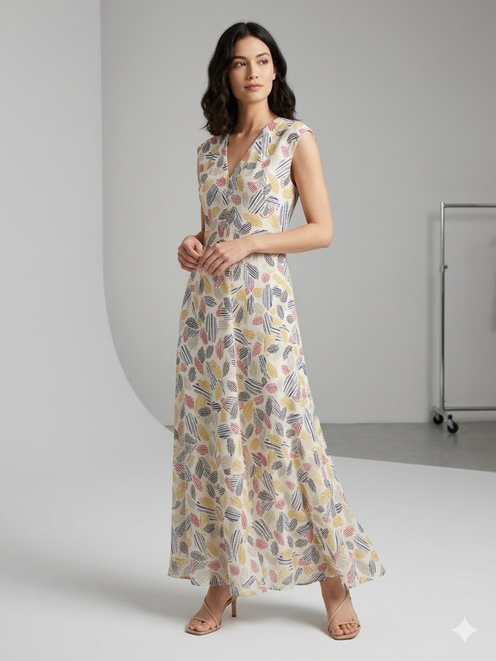 Anne Klein Yellow Leaf-Print Maxi Dress with Pink & Blue Accents